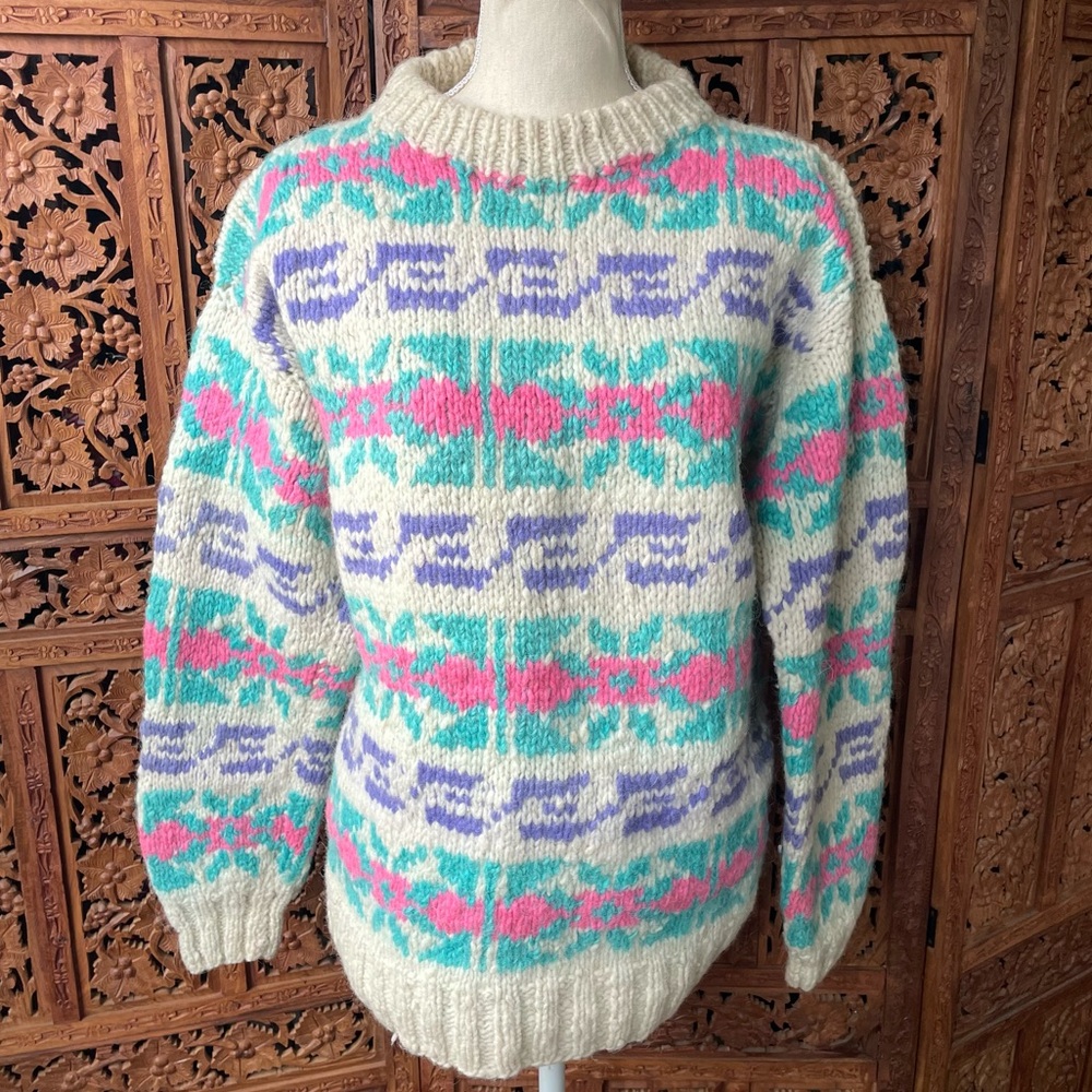 VINTAGE Ski Bunny 100% Wool Cozy Multicolor Fair Isle Patterned Knit